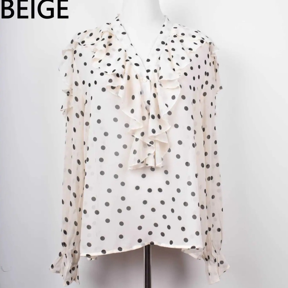 FROM PARIS FRANCE 🇫🇷 Polka Dot Ruffle Blouse - Black and Cream